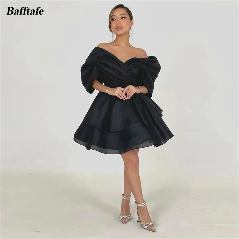 

Black Organza A Line Short Prom Dresses Off The Shoulder Tiered Women Formal Homecoming Party Dress Customized Special Gowns