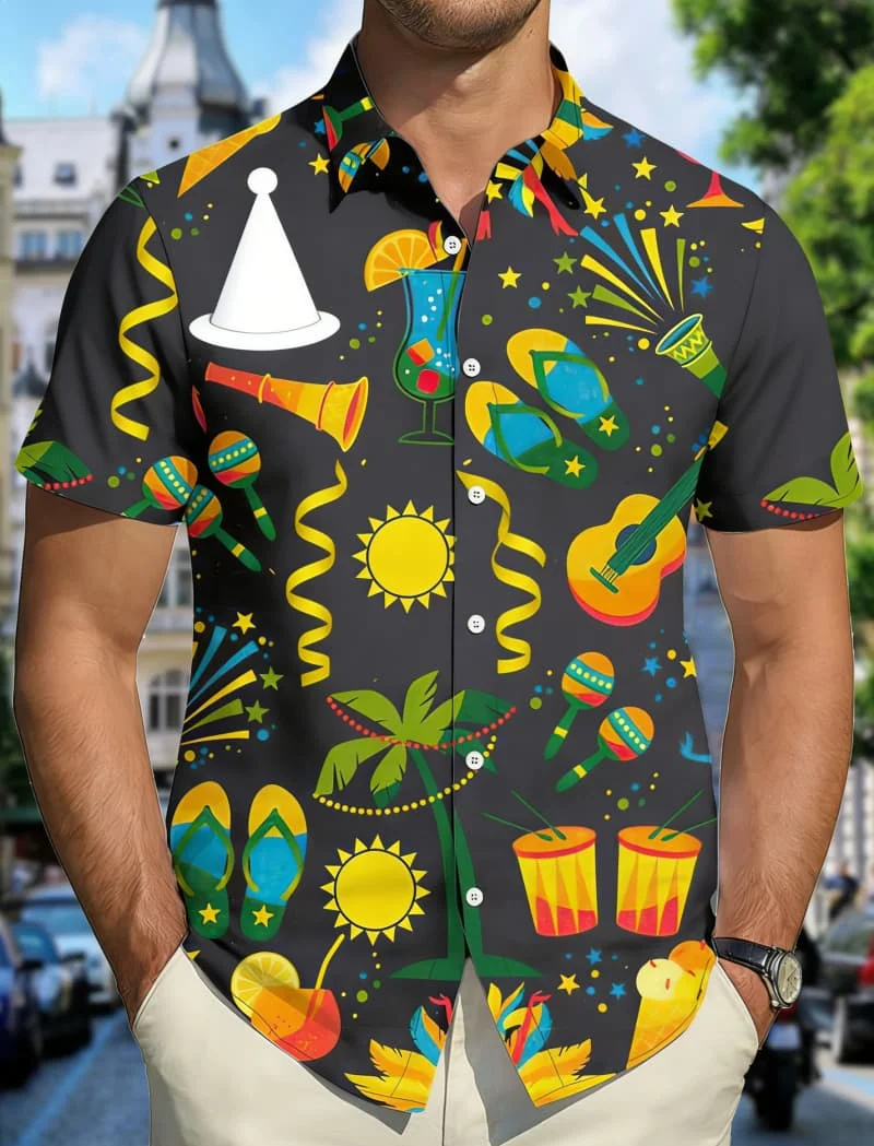 Men's Casual Stylish Vibrant Festive Carnival Print Short Sleeve Shirt Casual Fashion For Summer Parties And Tropical Getaways