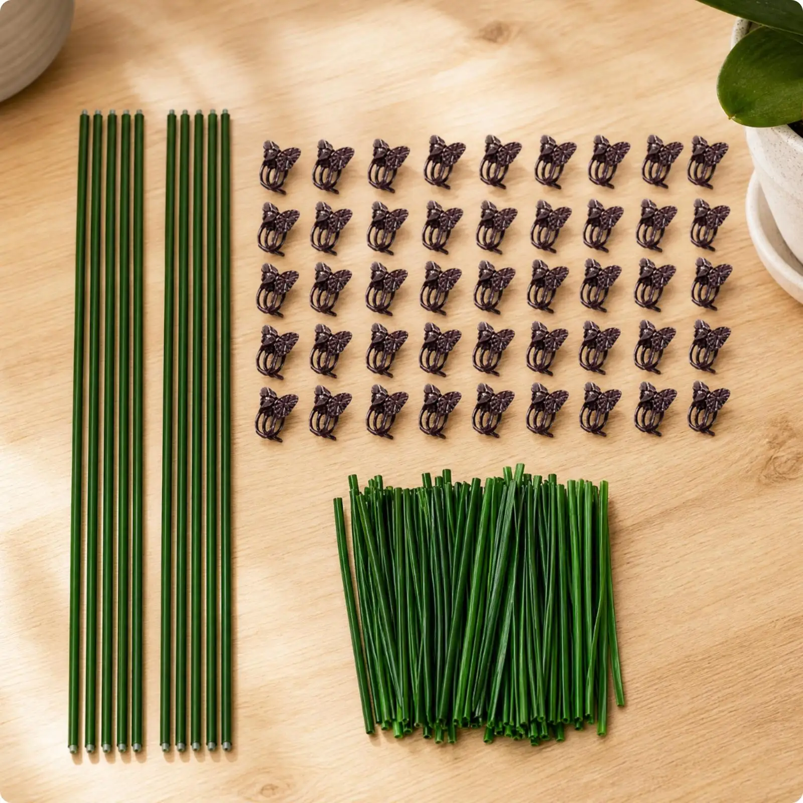 Bendable Plant Support Poles with Green Ties for Flower Staking on Balcony and Window Sill Gardens