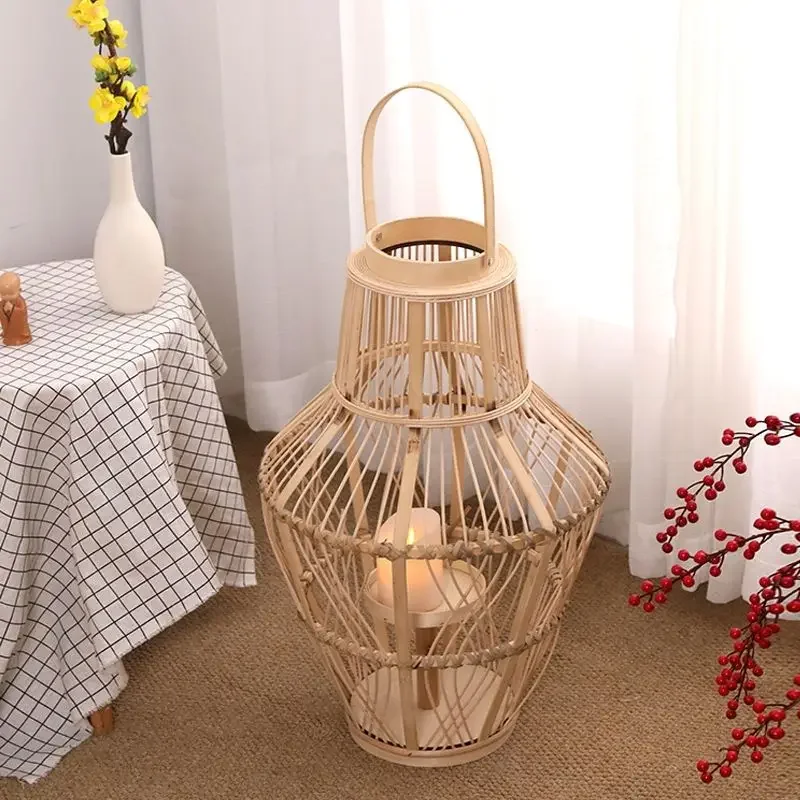 Creative Wind Lamp Floor to Floor Candlestick Bamboo Weaving Handheld Lantern Villa New Chinese Decorative Decoration