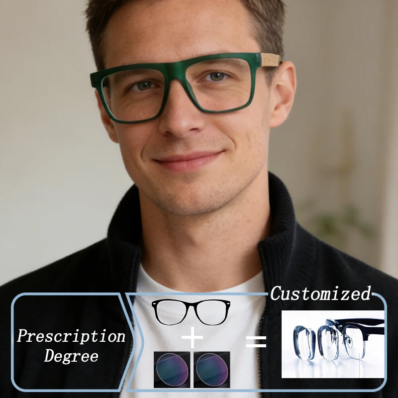 

New Green Wood-grain Imitation Men Frame Hyperopia Photochromic Prescription Glasses Anti Blue Light Myopia Astigmatism Eyewear