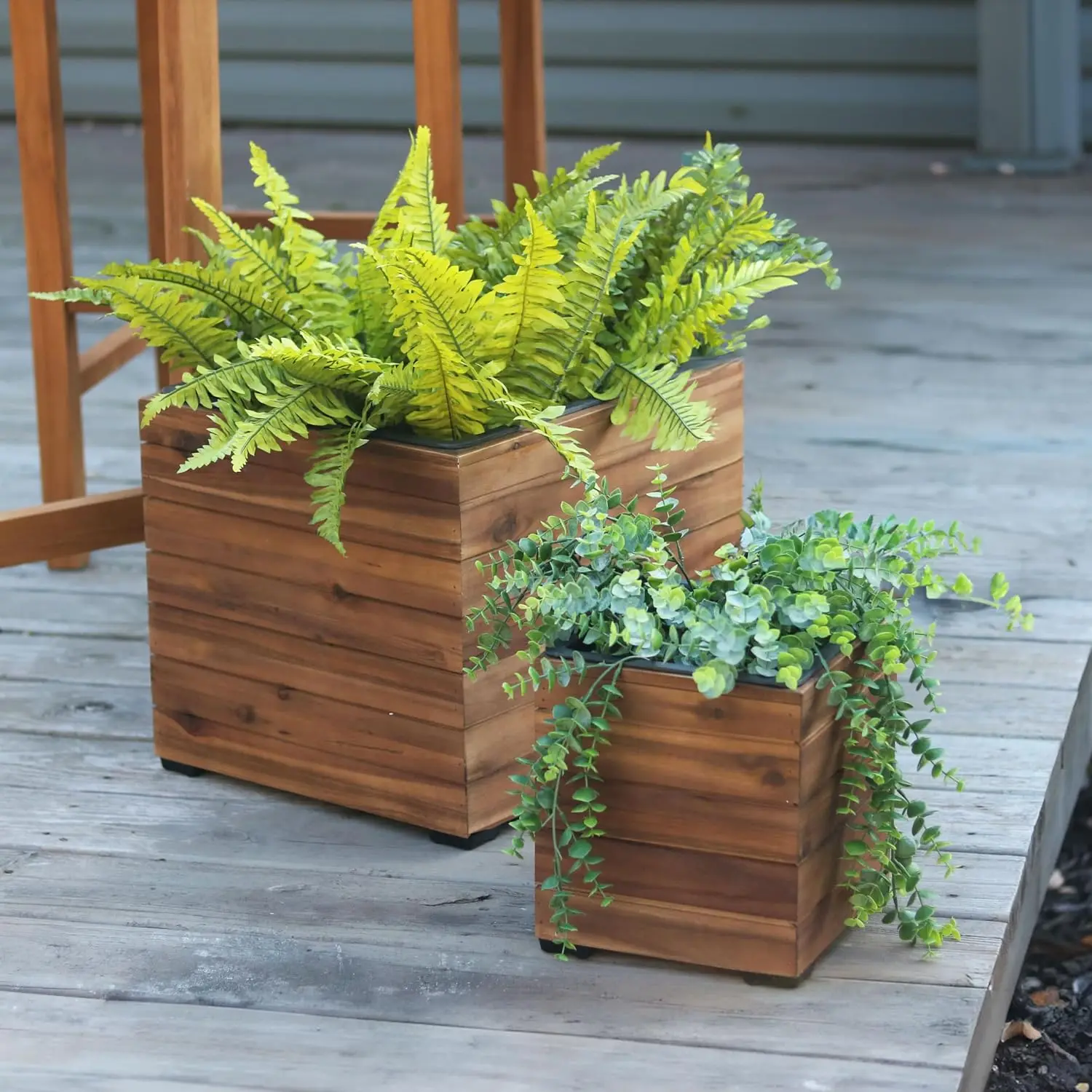 Sunnydaze Acacia Wooden Planter Boxes with Liners - Light Brown - Set of 2, Customized
