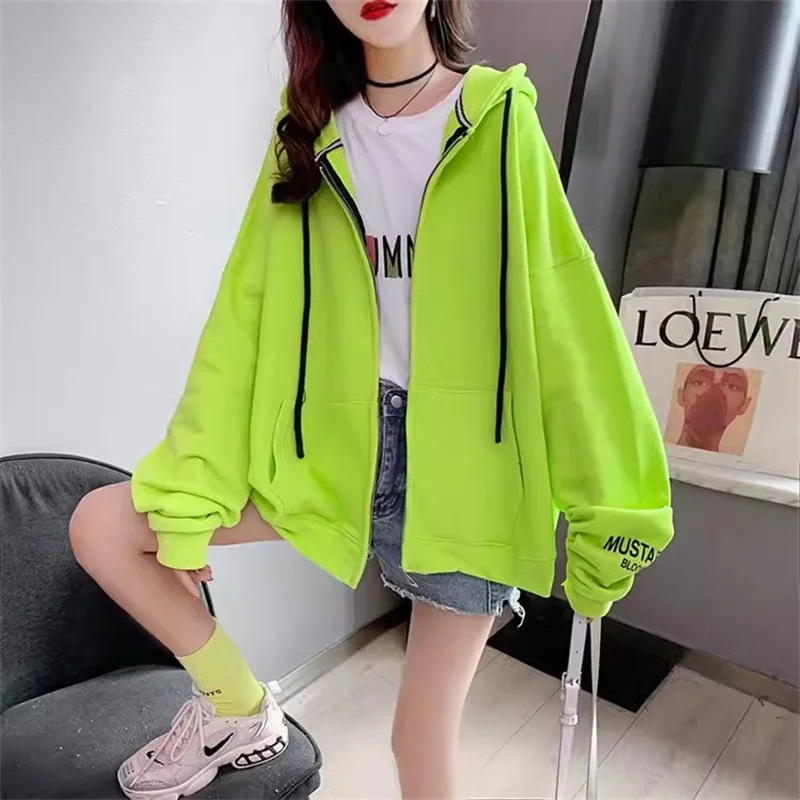 Western Style Zippered Hoodie Women's Loose Fitting Korean Version Medium Length Green 2024 Spring Autumn New Coat Popular Trend