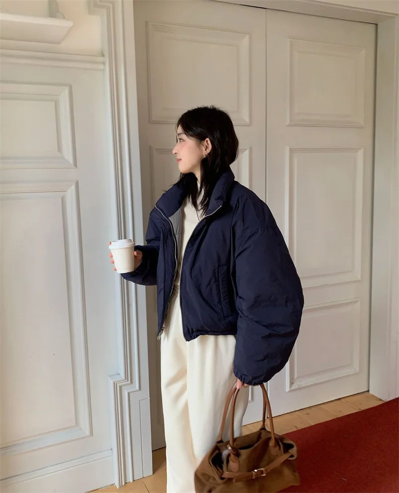 Wearing Down Cotton Jacket onBoth sSides, Women's Short Style Stand up Collar Cotton Jacket for Small People,  Contrasting Color