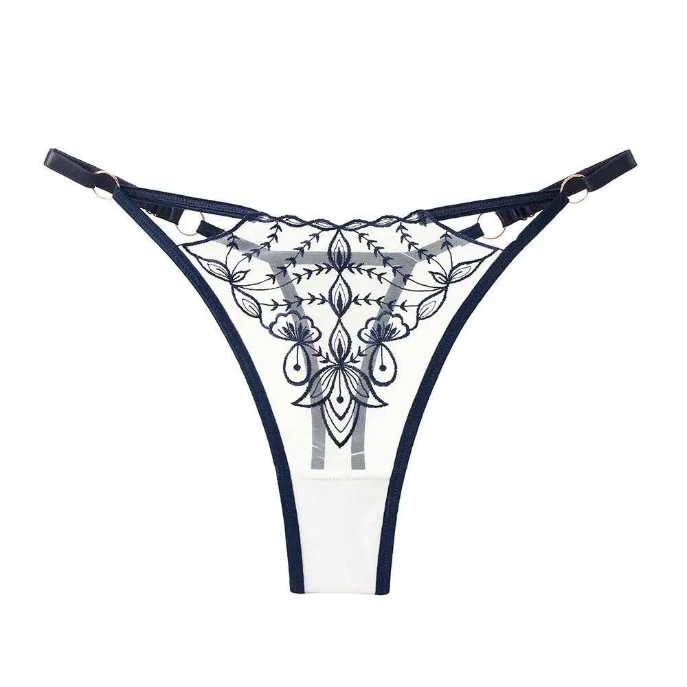 Elastic Sexy Hollow Out Thongs Embroidery Cotton Crotch Sexy G Strings Underpants Low-Waist Briefs Ice Silk Panties Female