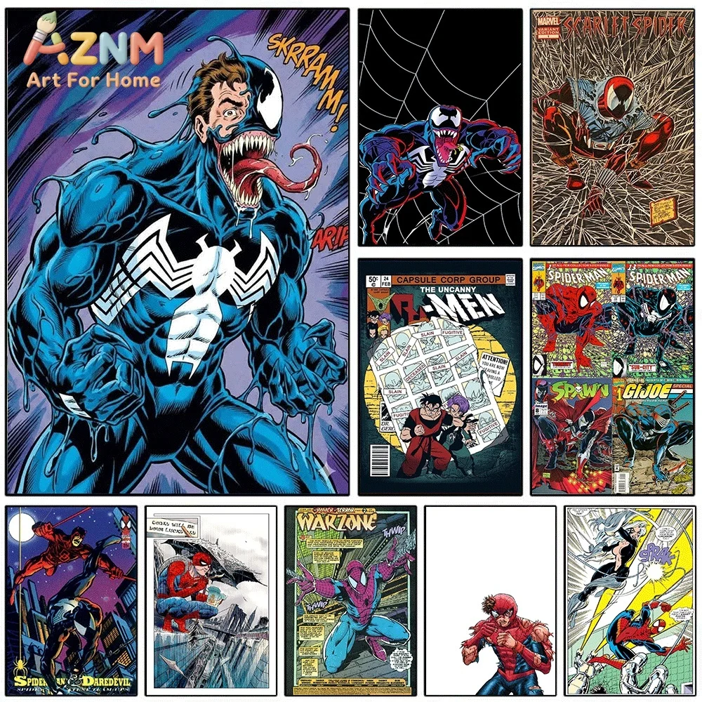 Venom Symbiote Hero Vintage Comic Cover Canvas Wall Art Print Poster Unframed Canvas Painting Home Living Room Bedroom Wall De