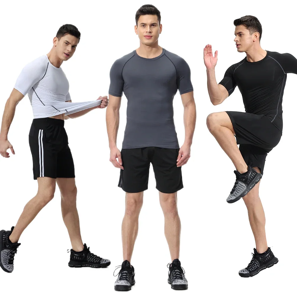 Men's autumn fitness suit high elasticity breathable quick drying T-shirt outdoor basketball running short sleeved shirt