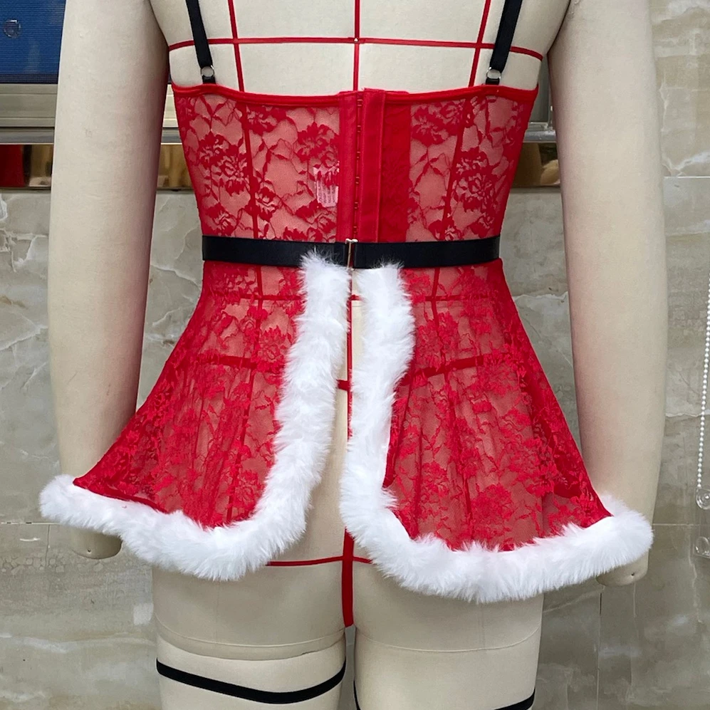 غامض تقليم الخامس الرقبة السباغيتي حزام فستان قصير مع حزام g-سلسلة سيور وحلقات الساق 4 قطعة مجموعة المرأة عيد الميلاد مجموعة الملابس الداخلية #1