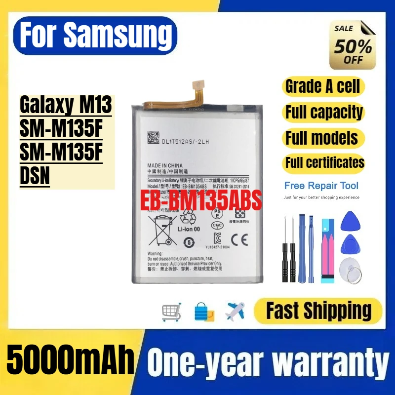 

EB-BM135ABS for Samsung Galaxy M13/SM-M135F/SM-M135F/DSN Phone Battery High Quality High Capacity Replacement Bateria with Tools