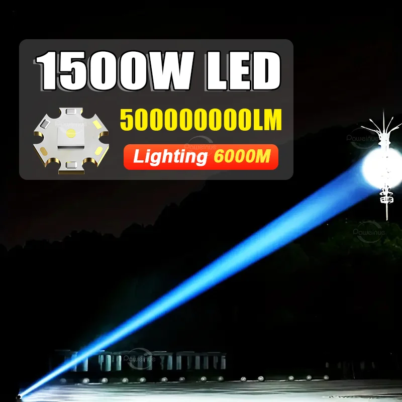 1000000LM Most Powerful LED Flashlight Rechargeable Type-c Flashlight Long Range 6000M Tactical Torch Light For Fishing Hunting