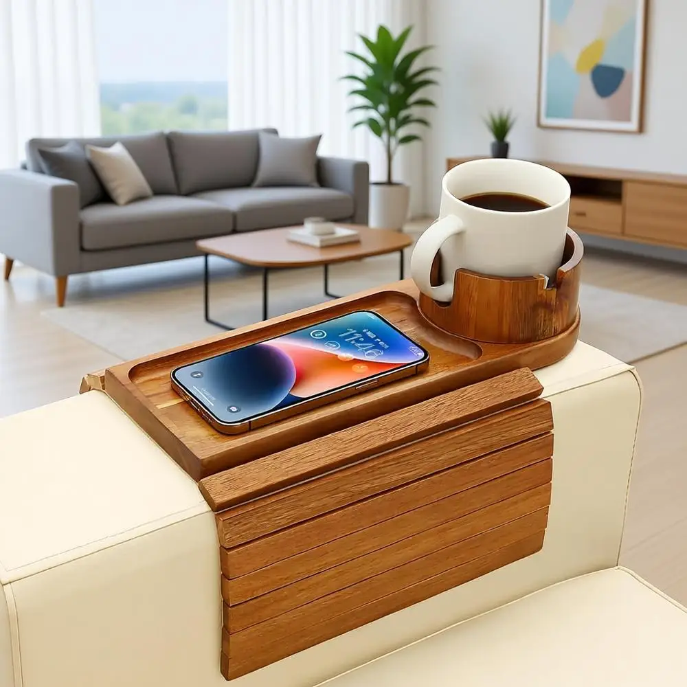 

15.75 Acacia Wood Couch Armrest Table, 3 in 1 Collapsible Sofa Clip on Side Table with 360° Swivel Stand, Armrest Tray or Coffee