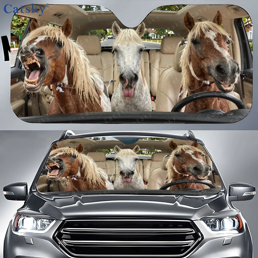 Three Horses Are Sitting In The Back Seat Of A Car Car Auto Sunshades Car Sunshade, Front Window Sun Cover For Car, Auto Sunshad