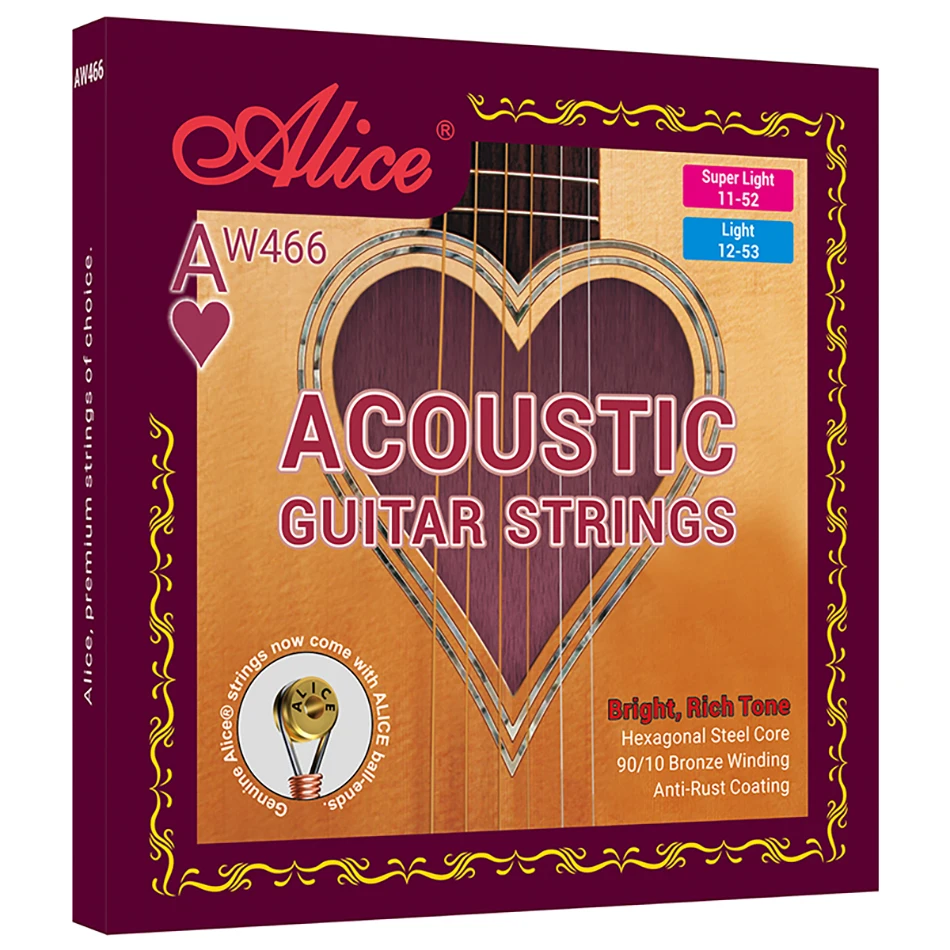 

Alice AW466 Acoustic Guitar Strings Hexagonal Steel Core 90/10 Bronze Winding Anti-Rust Coating Super Light/Light 11-52/12-53