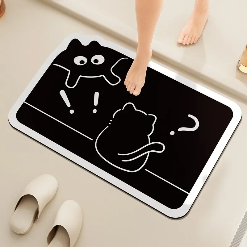 

Bathroom Carpet Black White Entrance Cute Cat Pattern Bath Floor Mat Water-absorbent Quick-drying Non-slip Rug Alfombra 양탄자