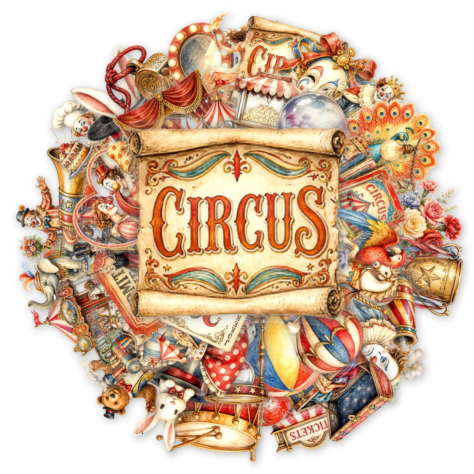 50-Pack Vintage Circus Clown Performance Stage Props Decals Waterproof Transparent PET Stickers for Guitar Notebook Stationery