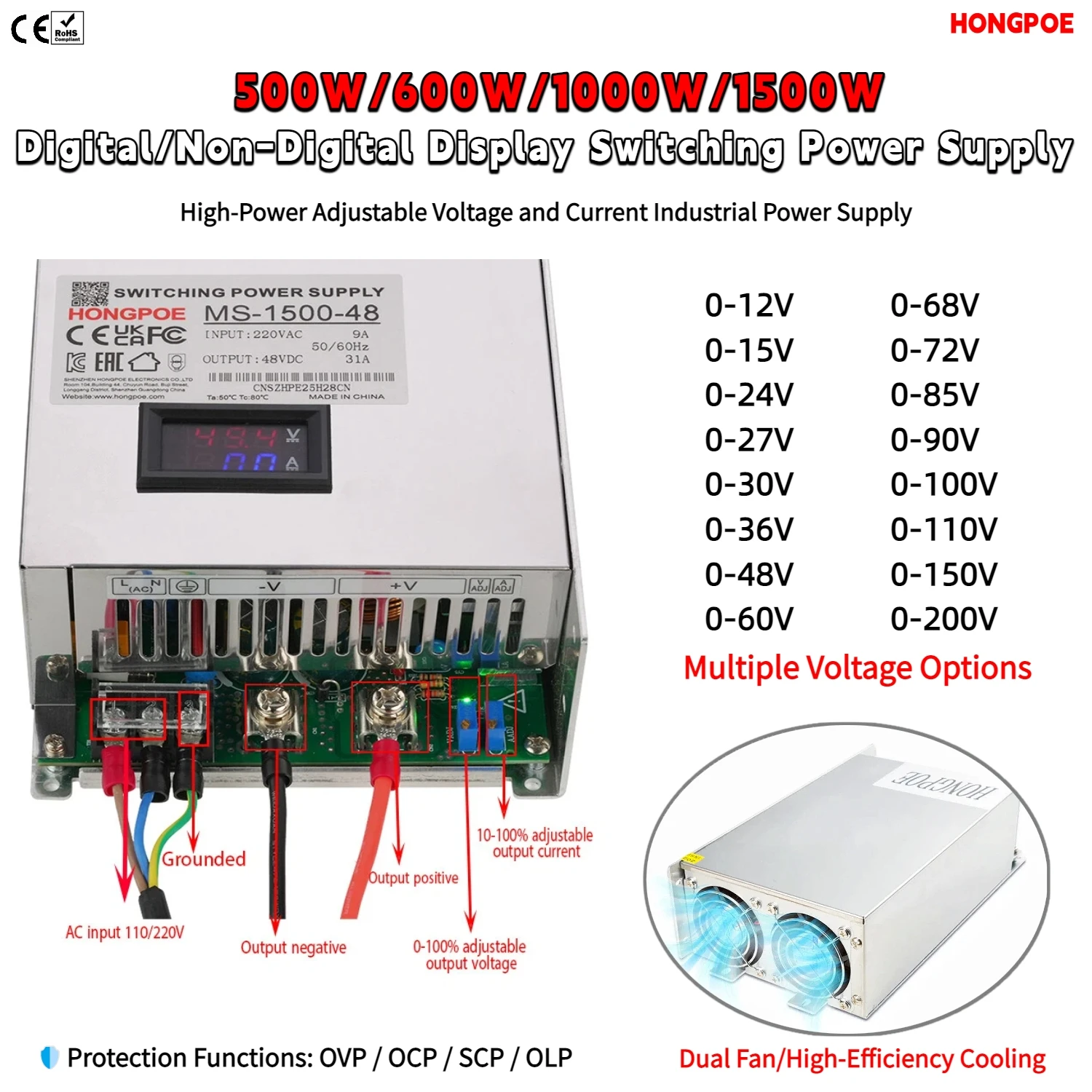 CE-Zertifiziertes Einstellbares Digitales Display 500W 600W 1000W 1500W 12V-200V Schaltnetzteil AC-DC-Wandler, für LED-Treiber CCTV-Motoren