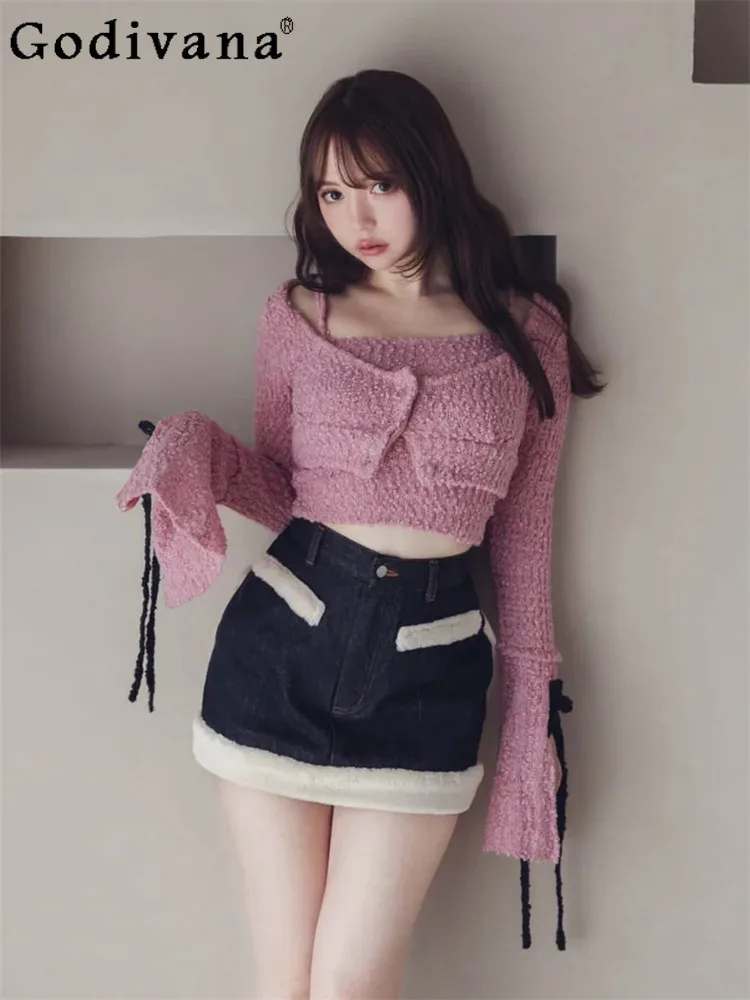 

Новинка Весна 2026: Комплект из 2 предметов в японском стиле — милый вязаный кардиган и жилет. Сексуальный облегающий свитер для женщин, мягкая трикотажная одежда.