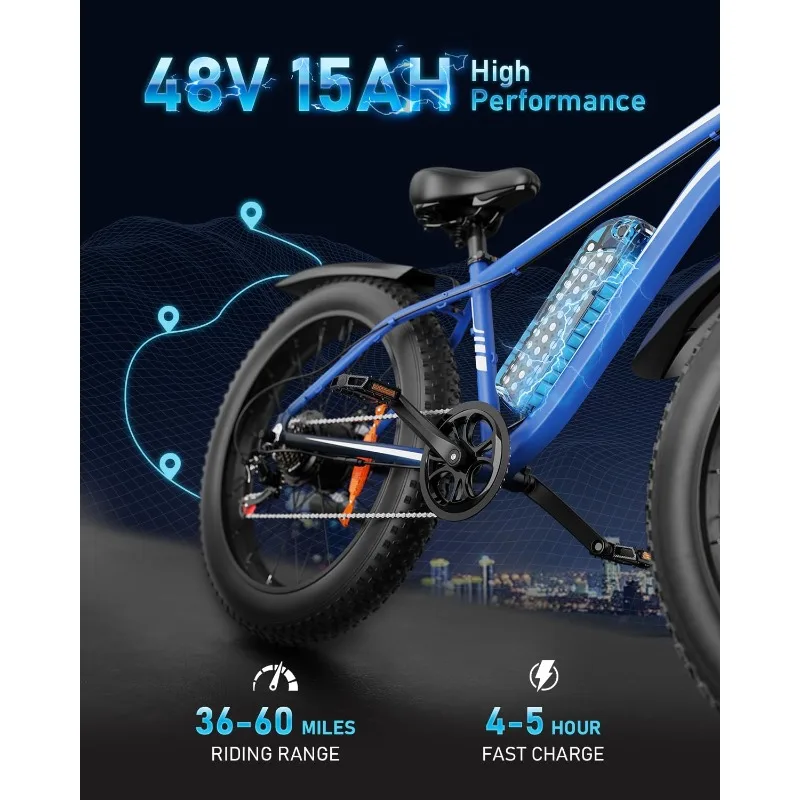 دراجة للبالغين الذروة 1500 واط دراجة كهربائية 48 فولت 15AH (720WH) بطارية دراجة كهربائية 26 "الدهون الإطارات الجبلية 28mph 7 S