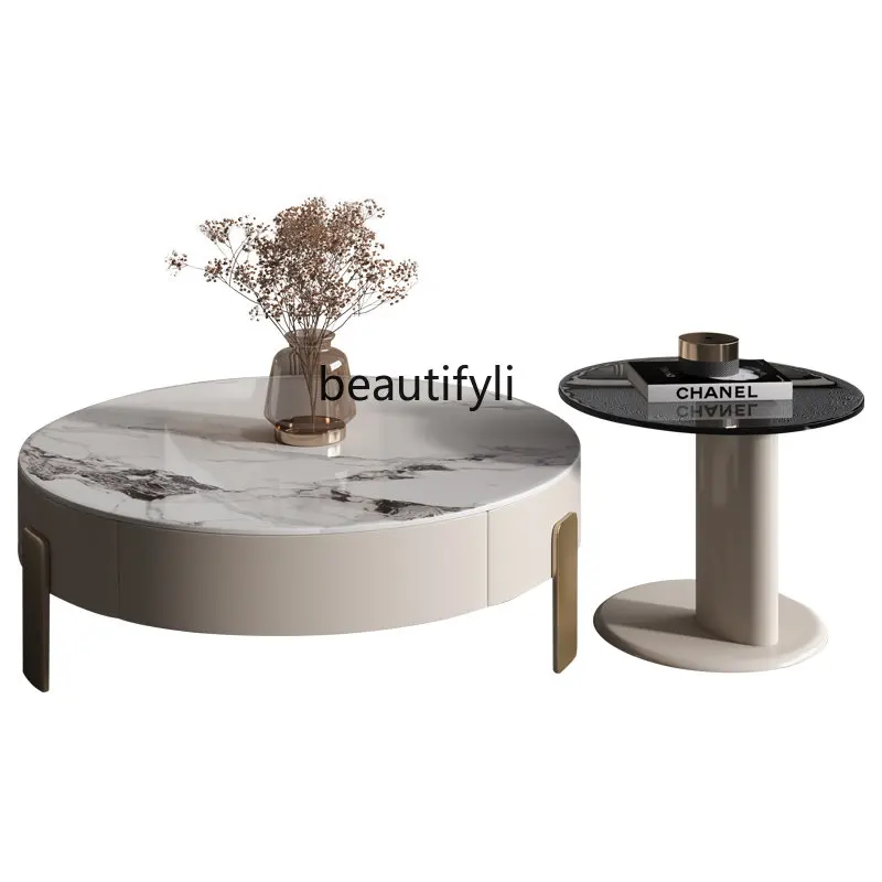 

round Rock Plate Tea Table Retractable Light Luxury Italian Modern Small Apartment Living Room Designer Advanced Artistic Sense