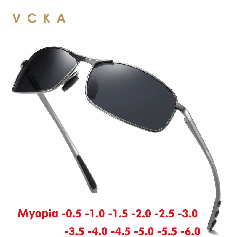 VCKA Polarized Myopia Sunglasses Square Aluminum-magnesium Prescription Glasses Men Women Optics Driver Driving -0.50 to -6.0