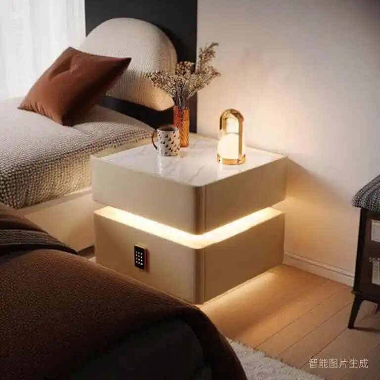 طاولة بجانب السرير ذكية معلقة على الطراز الكريمي مع خزانة تخزين بجانب السرير خفيفة وبسيطة وحديثة لغرفة النوم