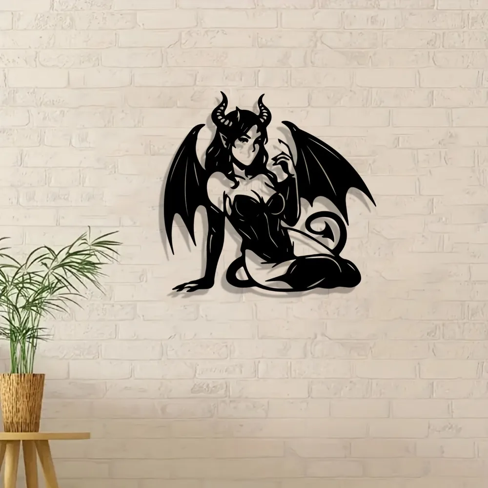 Enigmatic Metal Wall Art of Winged Gothic Woman, Dark Fantasy Decor for Home, Unique Vampire-Inspired Sculpture