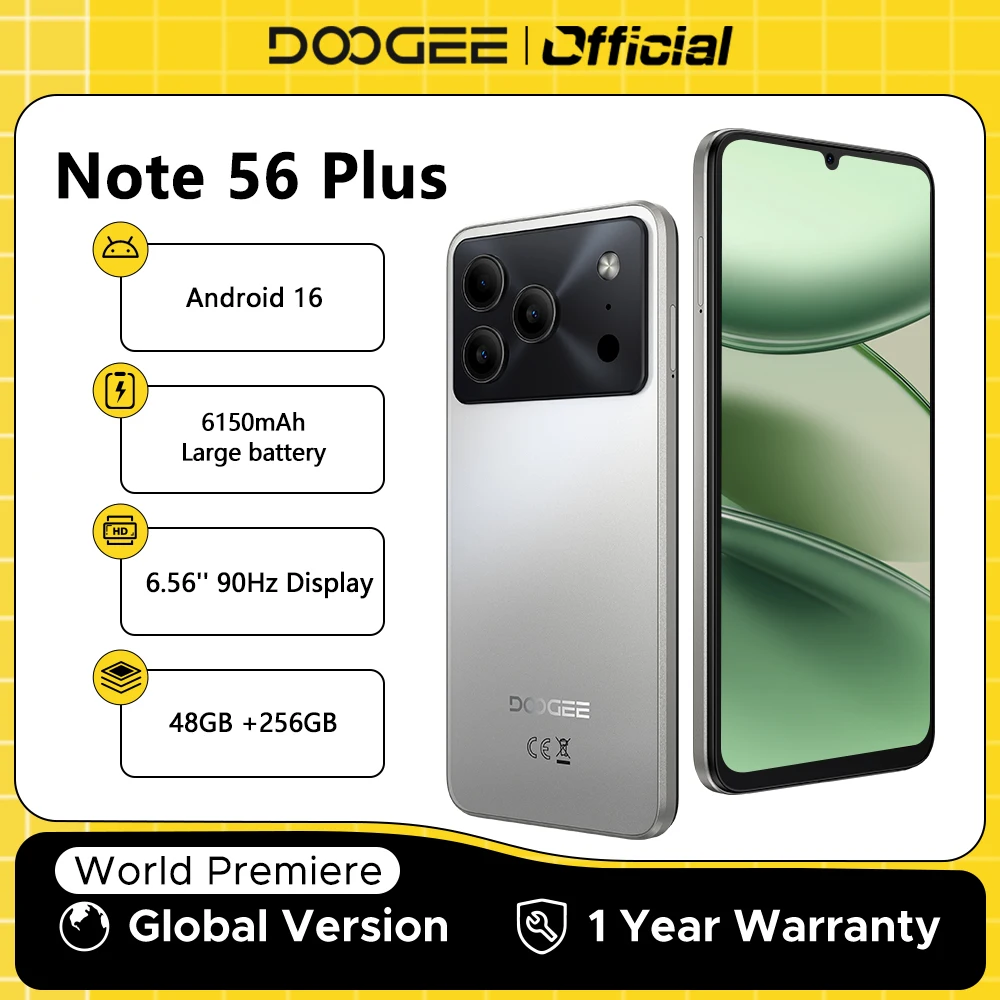Global Version DOOGEE Note56 Plus Android 16 Smartphone 48GB+256GB 6150mAh Large Battery 6.56'' 90Hz Display 50MP Camera NFC