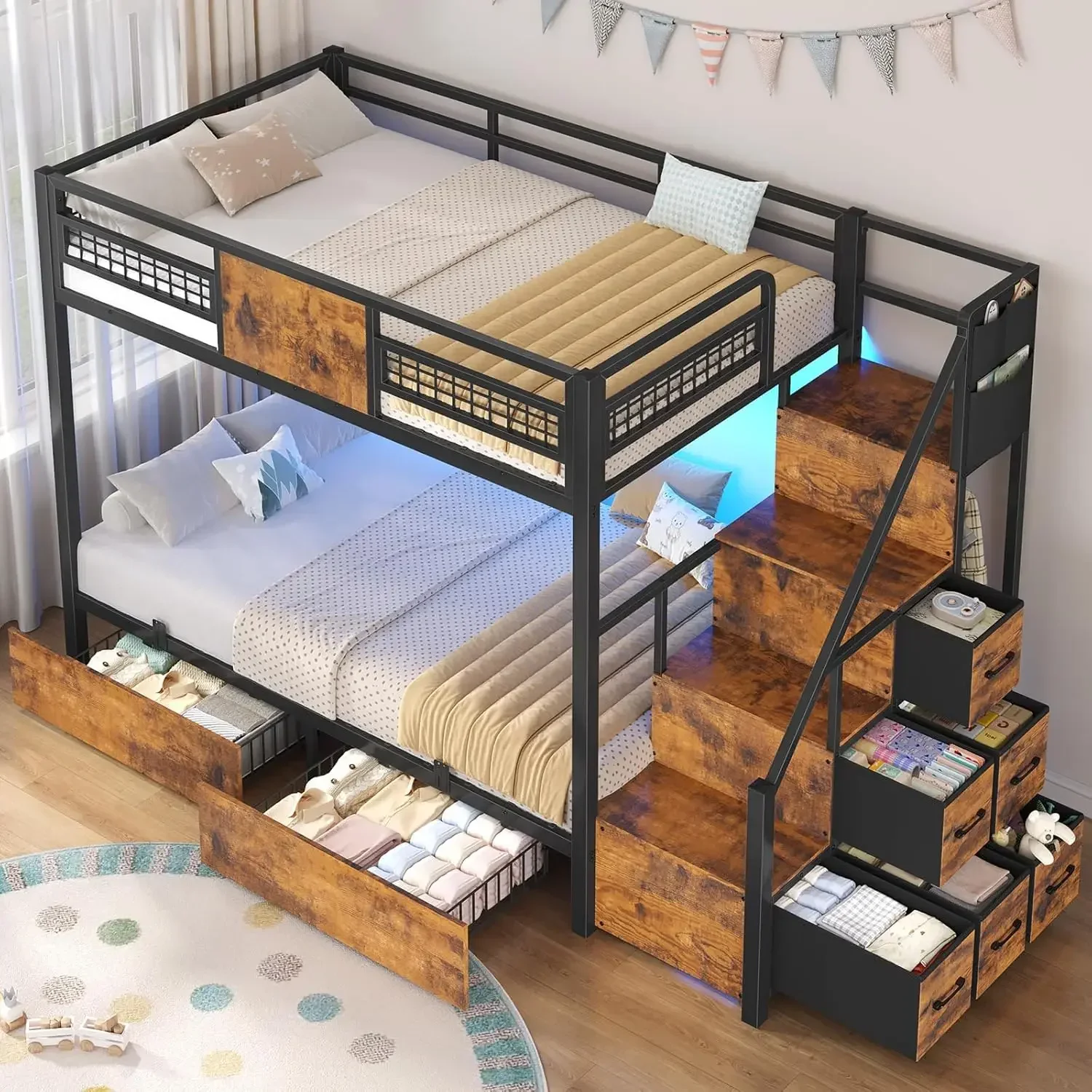 BTHFST Bunk Bed Twin Over with Stairs, LED Lights Bunk Bed with 2 Storage Drawers & 6 Fabric Drawers, Metal Loft