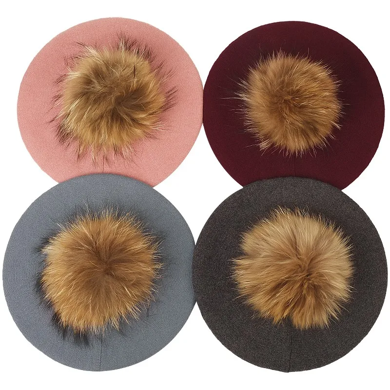 Women Casual Autumn Winter Berets Hat Knitted Wool Beret Ladies Angola Cashmere Beret Hat Female With Real Raccoon Fur Pom Pom