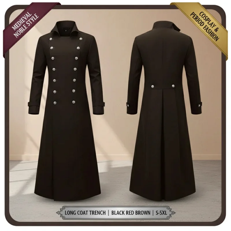 

❥SHENTON ✿SHENTON Medieval Renaissance Men Long Coat Trench Cosplay Costume Middle Ages Retro Court Nobles Clothes Black Red L&✿