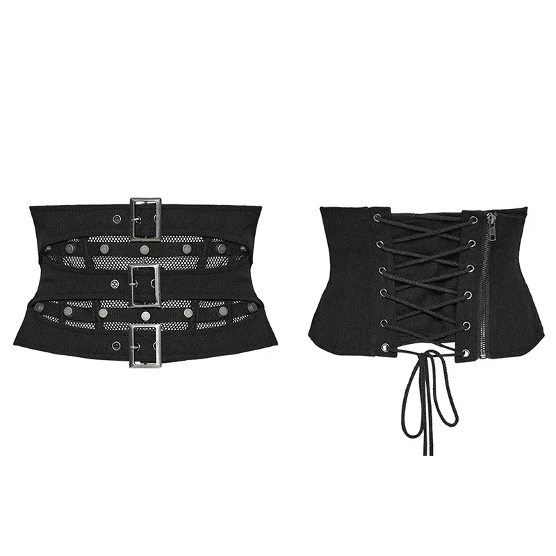 PUNK RAVE Women\'s Punk Double Layered Design Corset with Adjustable Loops Party Black Girdle Accessories Slim Waist Belt