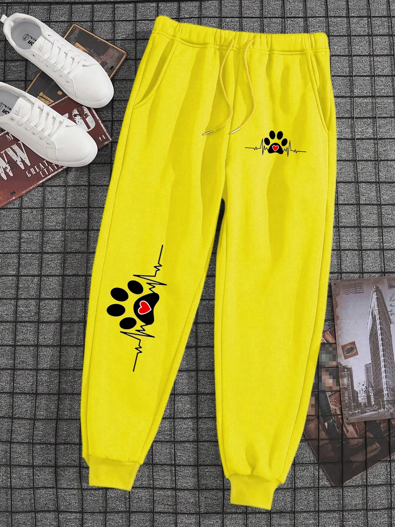 Pantalones de chándal con estampado de Pata de Gato electrocardiograma para hombre y mujer, Joggers sueltos, pantalones de chándal para gimnasio, Joggers casuales deportivos cálidos para pareja