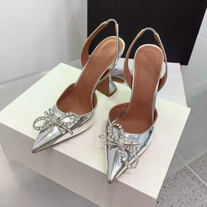 أحذية الزفاف وأشار الساتان تألق كريستال Bowknot ديكور مضخات المرأة بلون الظهر حزام الصنادل الصيف فستان مثير الأحذية #2