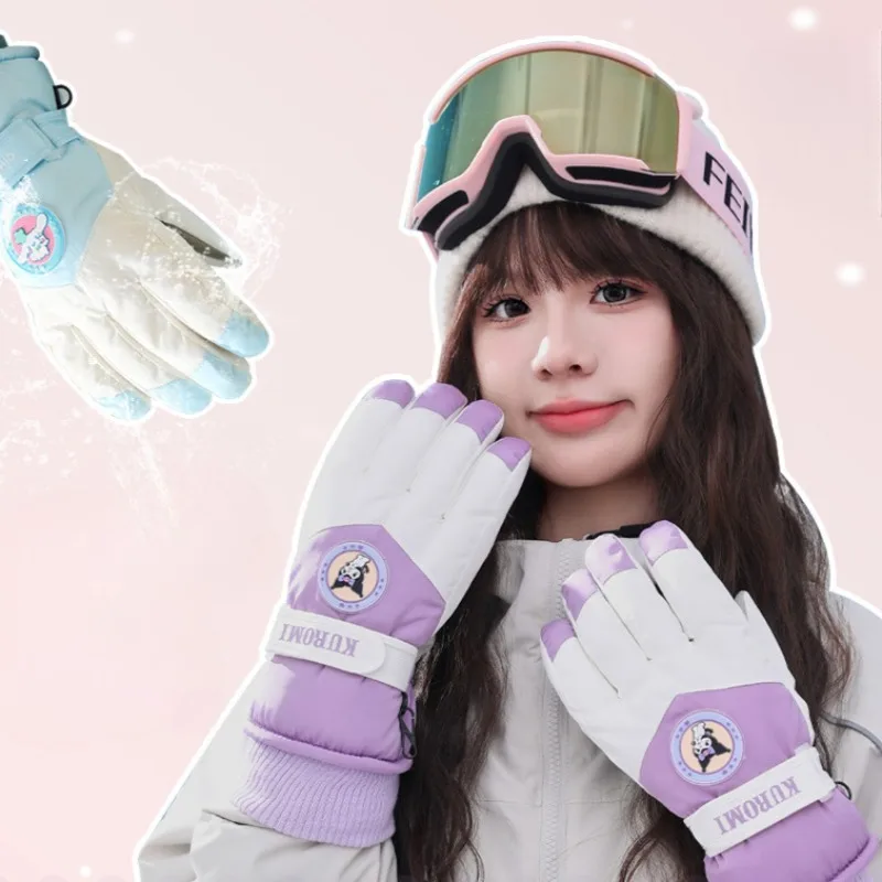 MINISO New Sanrio Series Fleece Ski Gloves Cartoon HelloKitty Kuromi Girls Windproof Riding Gloves Girls' Holiday Gifts