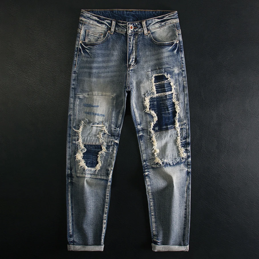 

Heavy Industry Embroidery Hole Patch Men's Jeans Slim Fit Small Straight Elastic Patch Fashion Personality Trend Jean Slim Homme