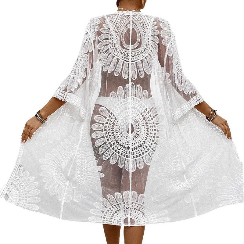 2024 Gothic Lace Kimono - Black White Embroidery Cover Up Sun Defense Sexy Beach Tunic Bikini Cape for Women