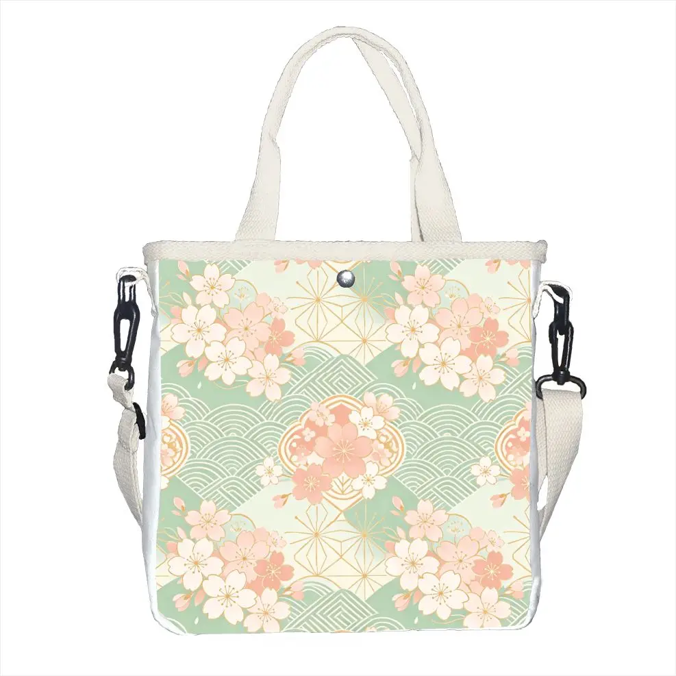 Pastel Cherry Blossom & Wave Print Tote Bag, Adjustable Strap Japanese Traditional Shoulder Bag