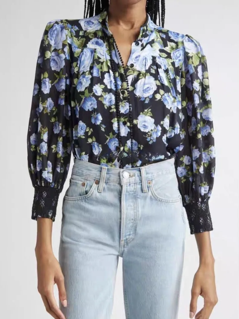 

Women Blue Flower Print Shirt Single Breasted Stand Collar Long Sleeve Elegant Ladies Blouse Top