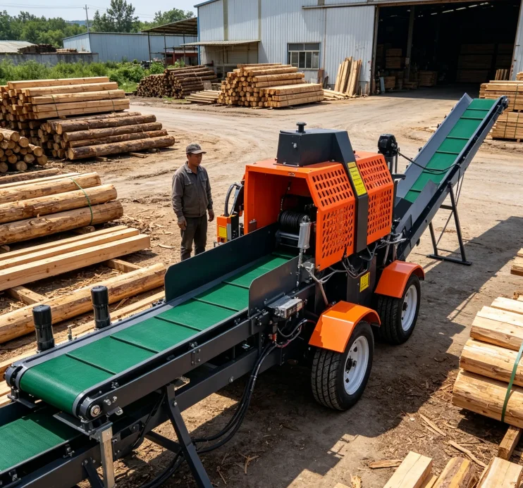 Self Powered Firewood Processing Machine Hydraulic Log Splitter Conveyor Belt Towable Wood Cutting Saw