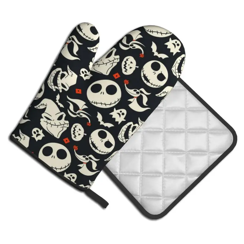 2pcs Halloween Oven Mitts and Pot Holders Sets Christmas Kitchen Heat Resistant Non-Slip Oven Gloves for Safe BBQ Cooking Baking