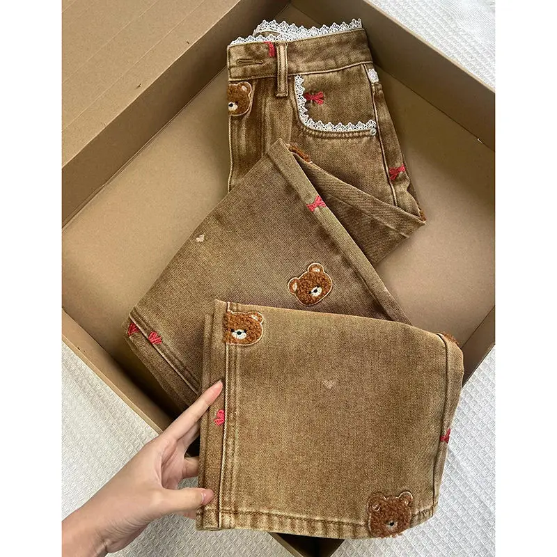 レースパッチワークハイウエストストレートレッグジーンズ春ヴィンテージベアボウ刺繍スウィートガールカジュアルワイドレッグパンツオーバーサイズパンツ