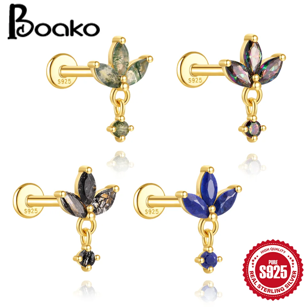 

BOAKO Natural Stone 925 Sterling Silver Lotus Flower Charm Simple Piercing Stud Earrings for Women Dainty Lucky Fine Jewelry