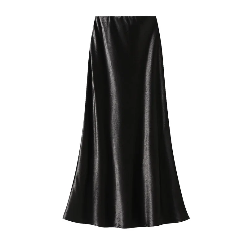 British Style Pleated Flowing Satin Fishtail Skirt with a Large Hem, Hip-Hugging, High-Waisted, Slimming, Long, High-End Black Glossy Polyester Long Skirt