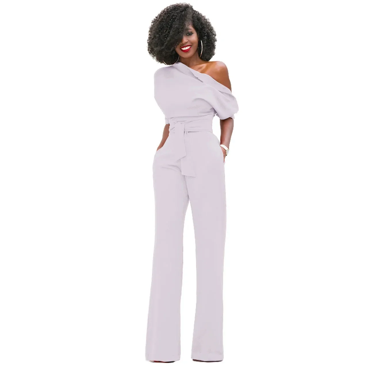 Hot selling European and American classic solid color slanted collar button jumpsuit wide leg pants