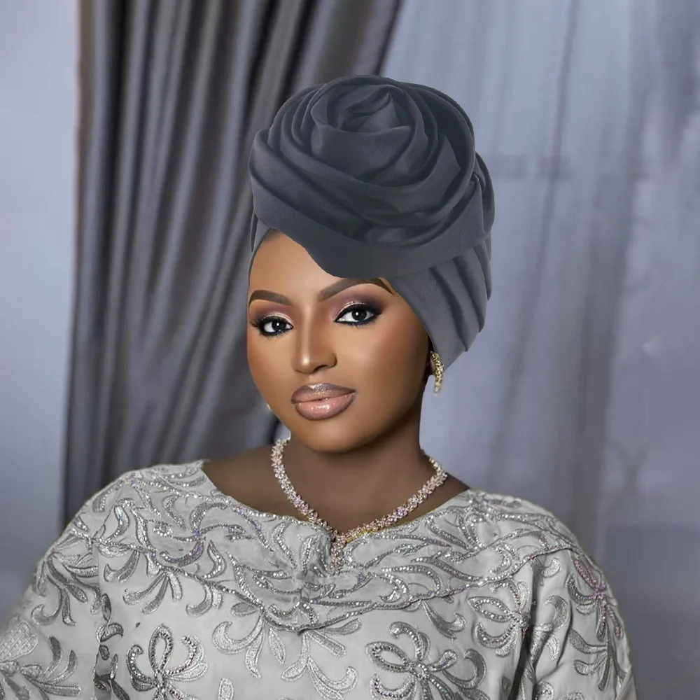 

Шапки-тюрбаны из необработанного шелка в африканском стиле, головные уборы с большим цветком розы, нигерийские свадебные гелевые дышащие легкие повязки на голову, вечерние головные уборы