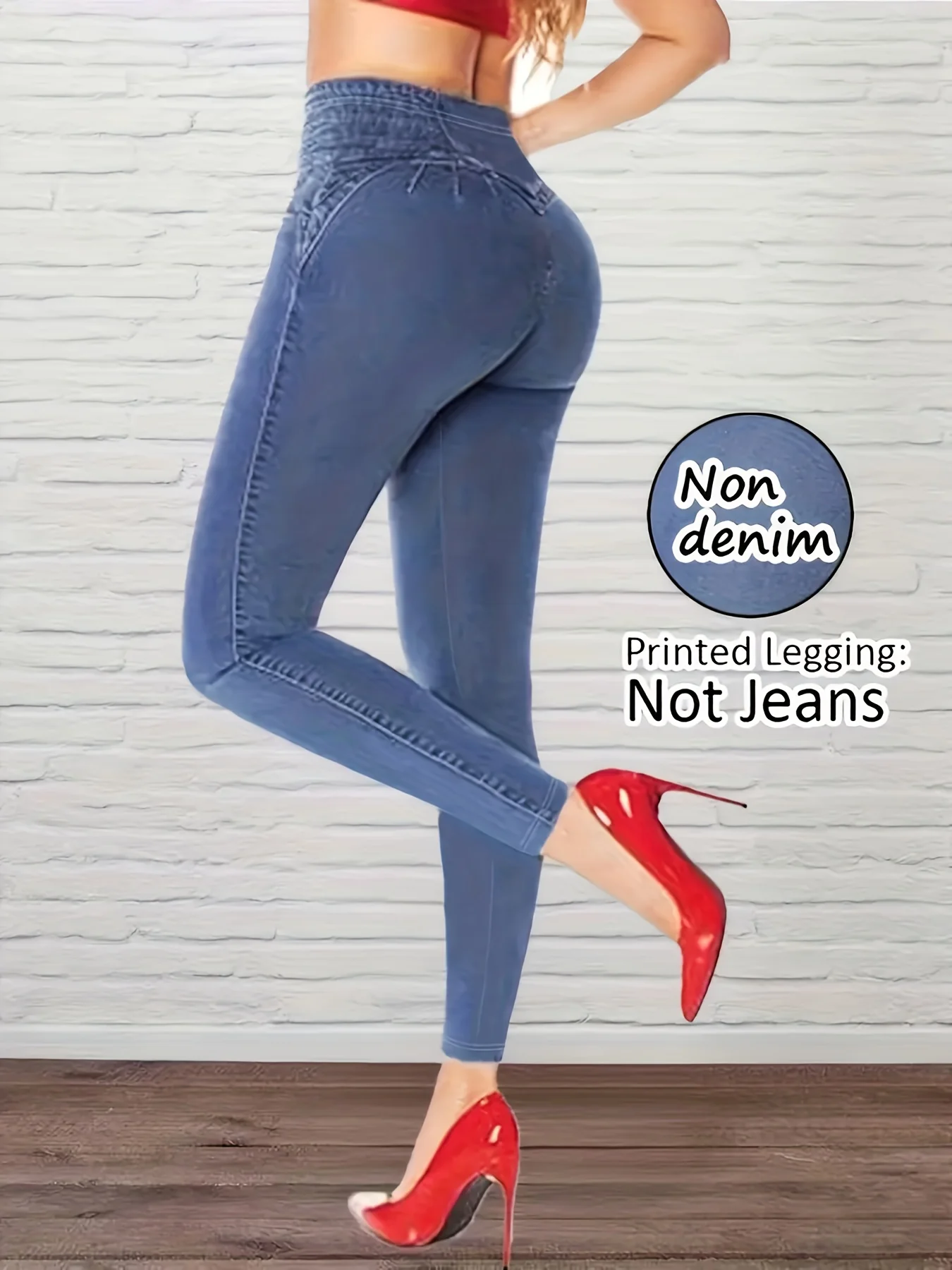 Bedruckte Damenleggings, kein Denim-Stoff, Design mit Scheintaschen und Knöpfen, hochelastische, modische, schmal geschnittene, lässige Skinny-Hose – Detail 3
