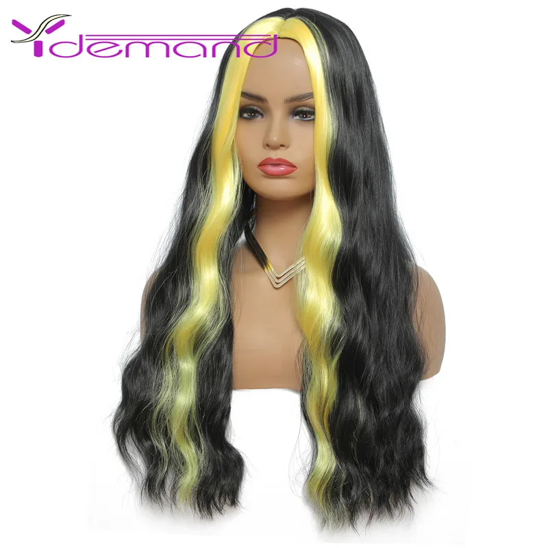 Y Demand Long Neon Wig Body Wave Hair Lady Anime Cosplay Middle Part Synthetic Wig Black Yellow Natural Hairline Wig