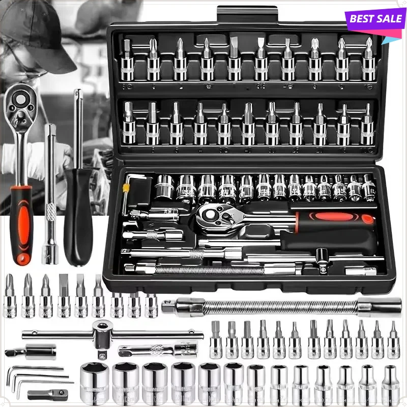 46Pcs 1/4 Inch Metric Ratchet Socket Wrench Set with Extension Bar, Portable Repair Tool Kit for Auto Household Maintenance