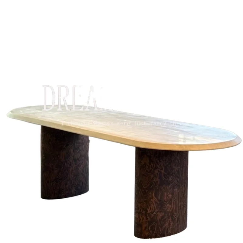 

Medieval style solid wood retro marble dining table art wabi sandy wind home villa oval dining table designer