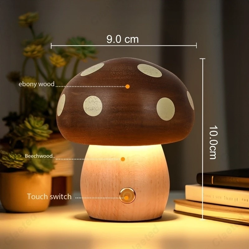 Creative LED Solid Wood Mushroom Night Light Bedroom Bedside Atmosphere Lighting Children's Room Desk Lamp